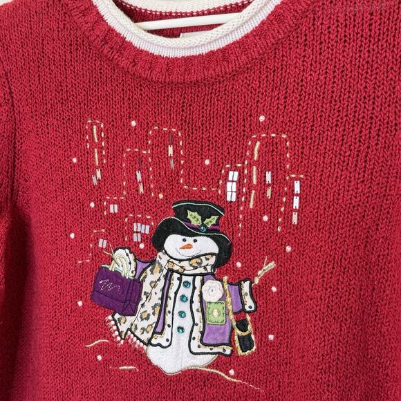 Christopher and Banks Christmas Sweater Size Medium Red Embellished Snowman - Picture 2 of 6